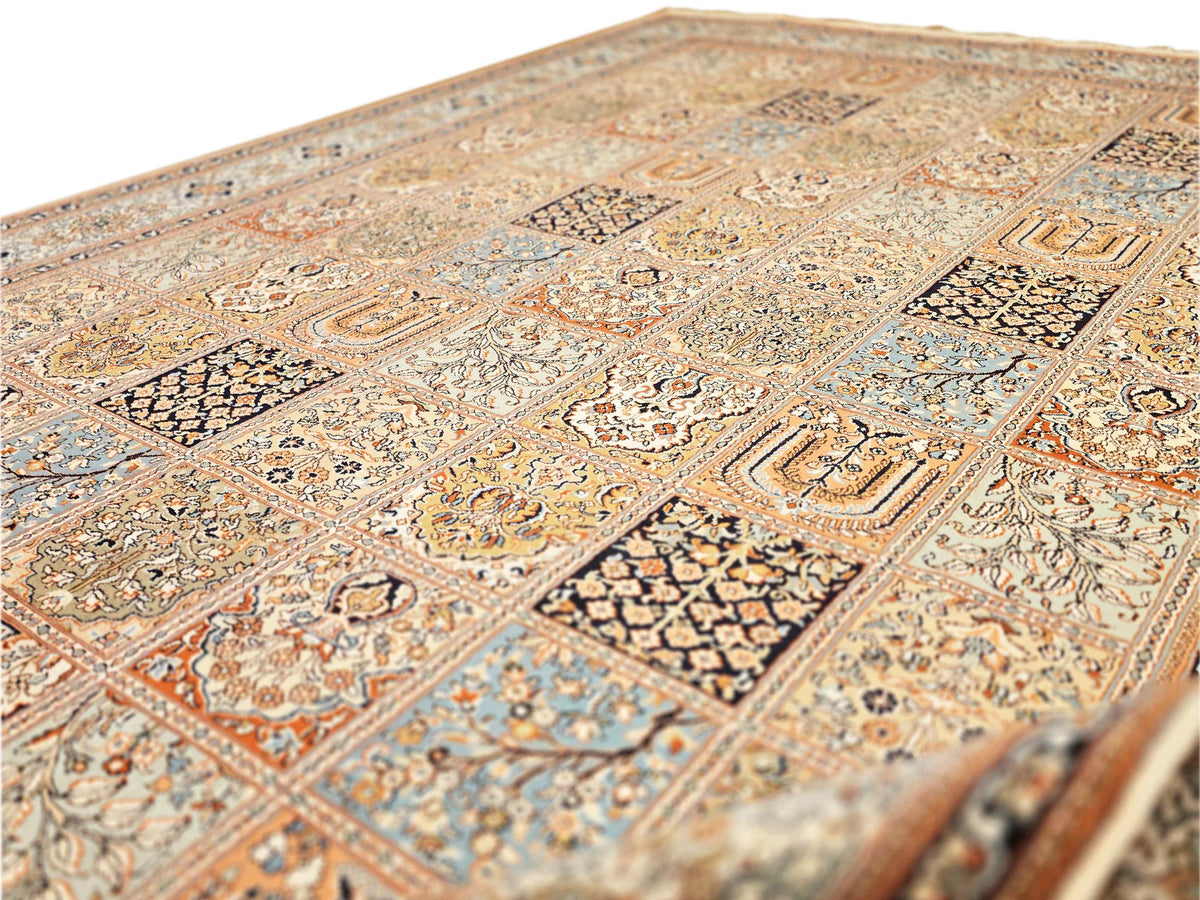 Close-up of an ornate multicolor rug design with intricate geometric motifs