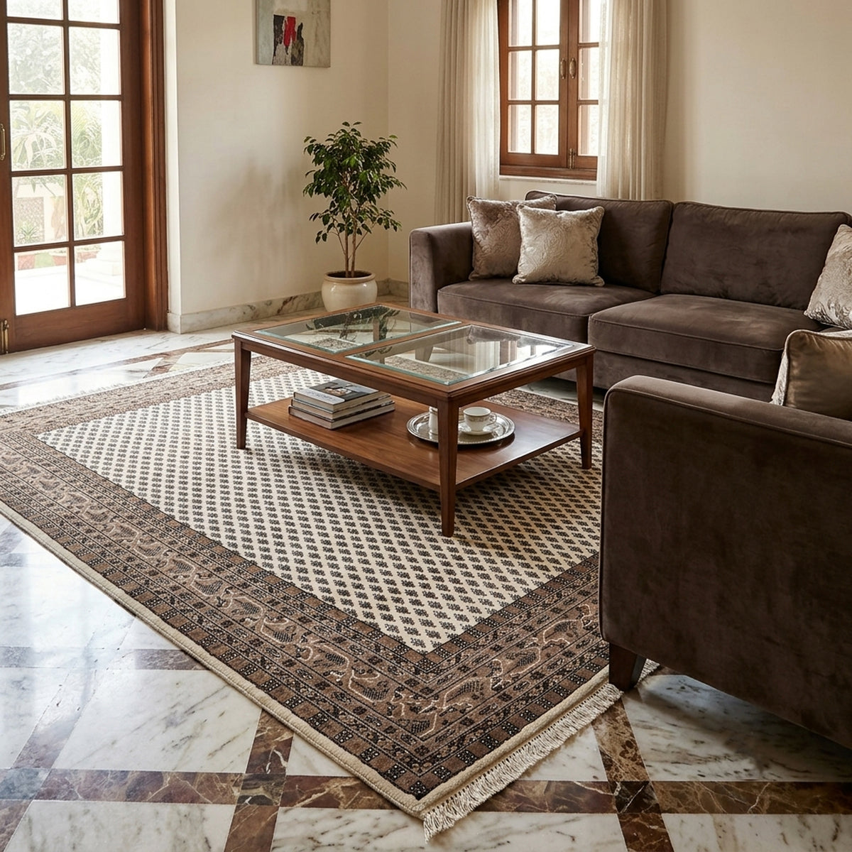 Large geometric rug with ornate dark border, white lattice center, and fringed trim