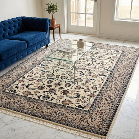 Nain rug laid flat on floor: cream floral center with blue border and fringed edges