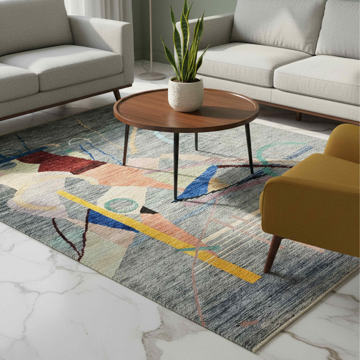 Abstract geometric rug with multicolor lines and blocks on a gray base