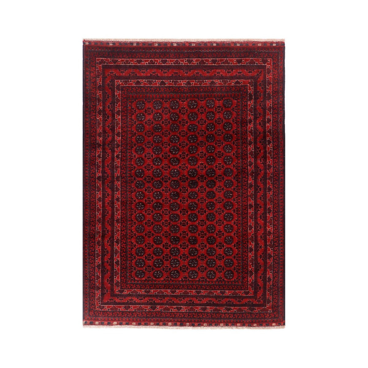 Red Bukhara rug with central medallion field and ornate rectangular border