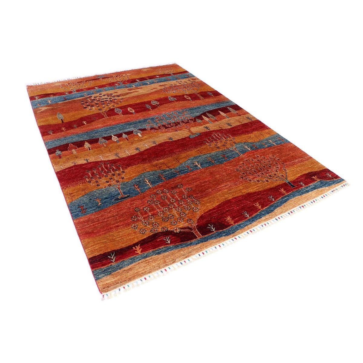 Multicolor Khorjin-style rug with fringed border, red and blue landscape bands