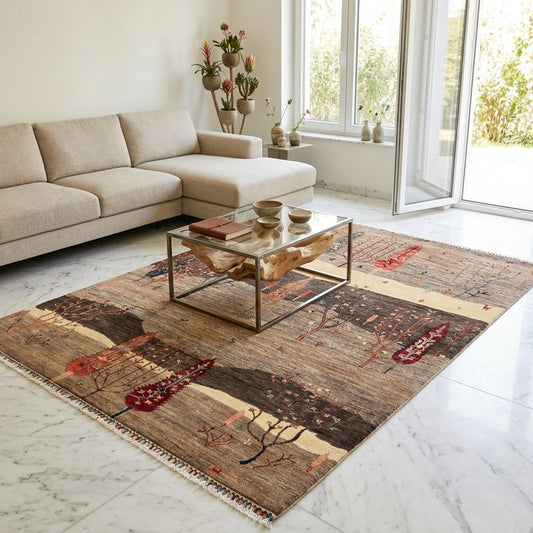 Rectangular area rug with tree and geometric motifs in brown, cream, red, fringed edges