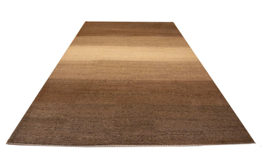 Loribaft rug trapezoid view, warm brown with light center stripe and low-pile weave