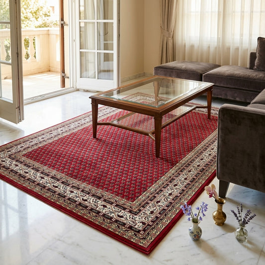 Red patterned rug with ornate border placed in a living room on a light floor