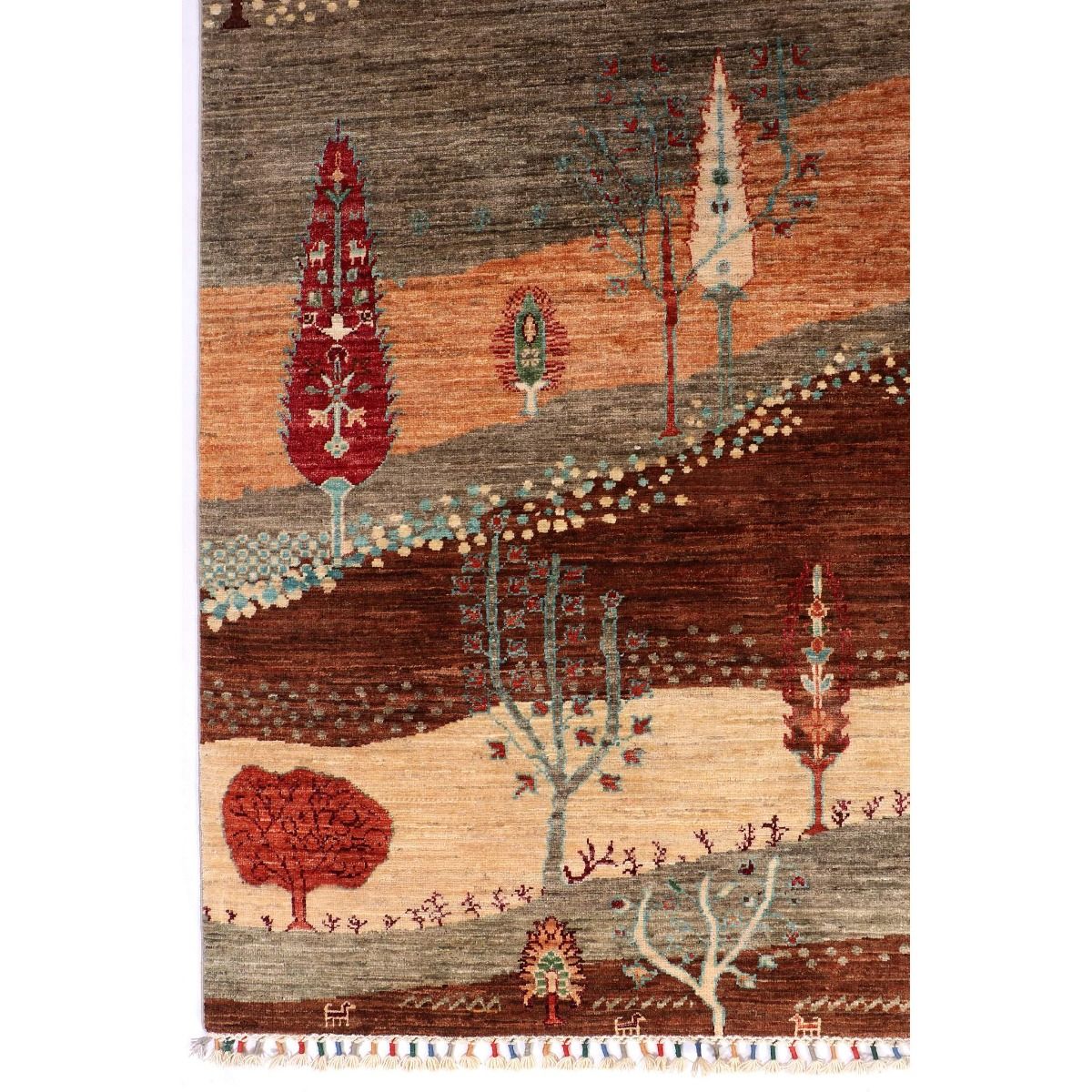 Multicolor patterned rug with red and green conifer trees over rust and dark brown stripes