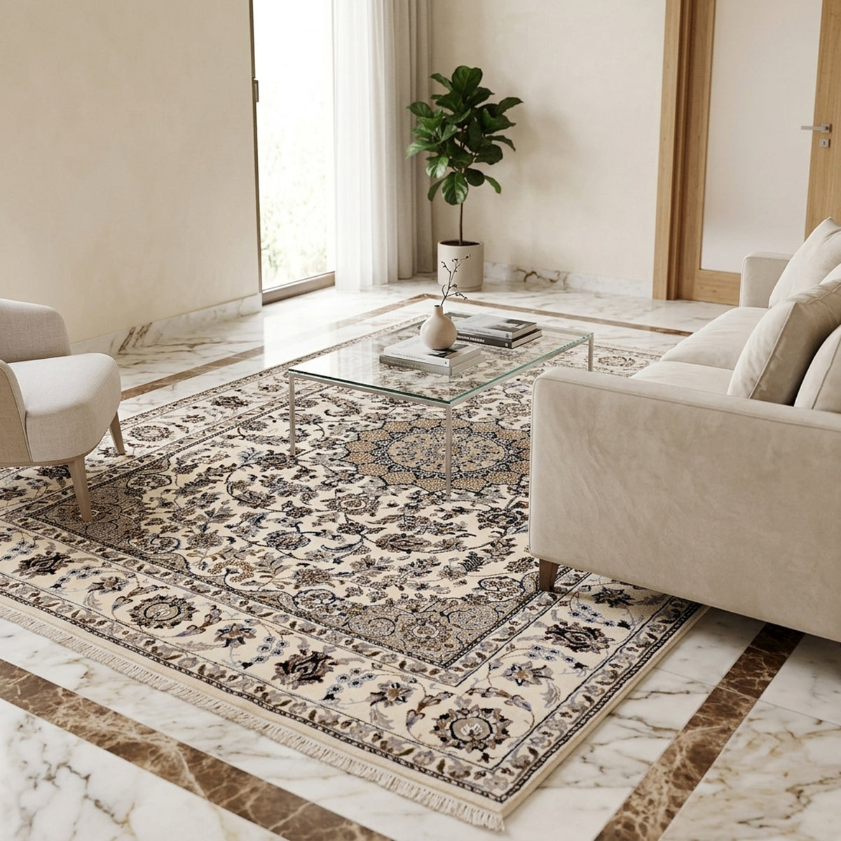 Nain area rug with ivory floral pattern and navy medallion, short fringed edges