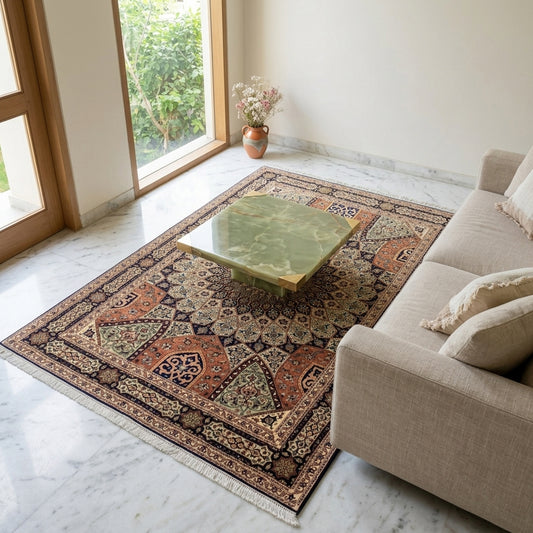 Tabriz rug with multicolor geometric medallion pattern, rust, navy, and cream tones