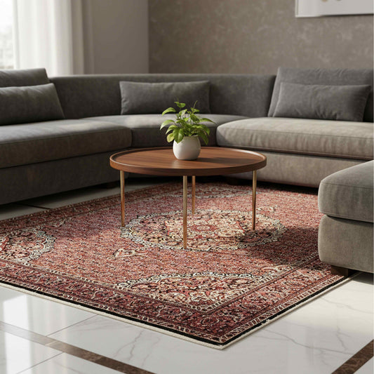 Terracotta and dark red area rug with ornate medallion border, flat weave style