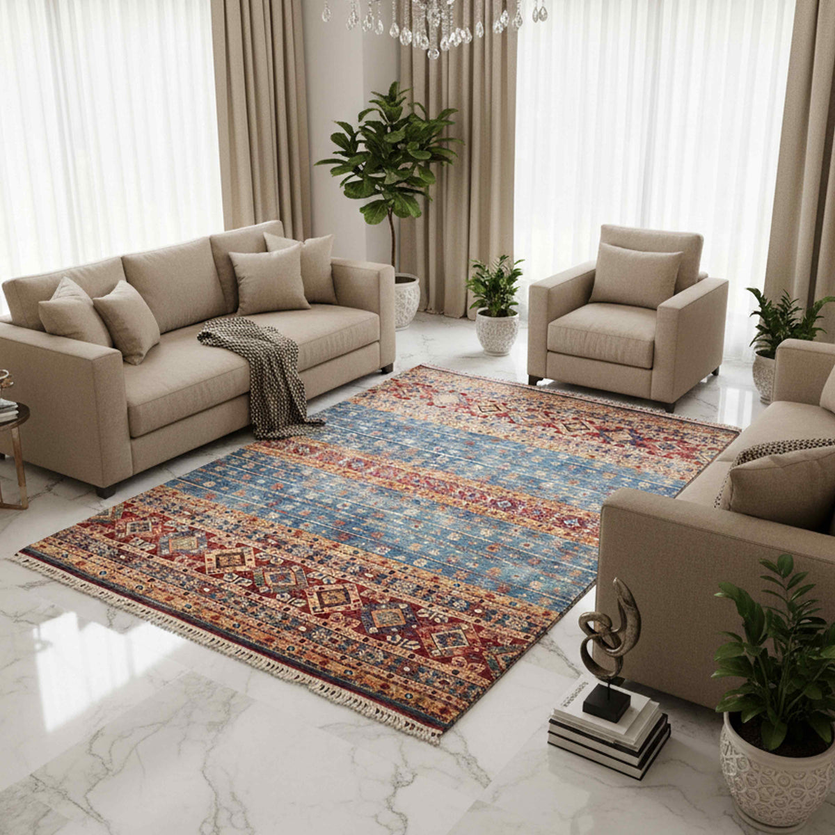 Khorjin-style rug with colorful geometric bands and short fringed border on the floor.