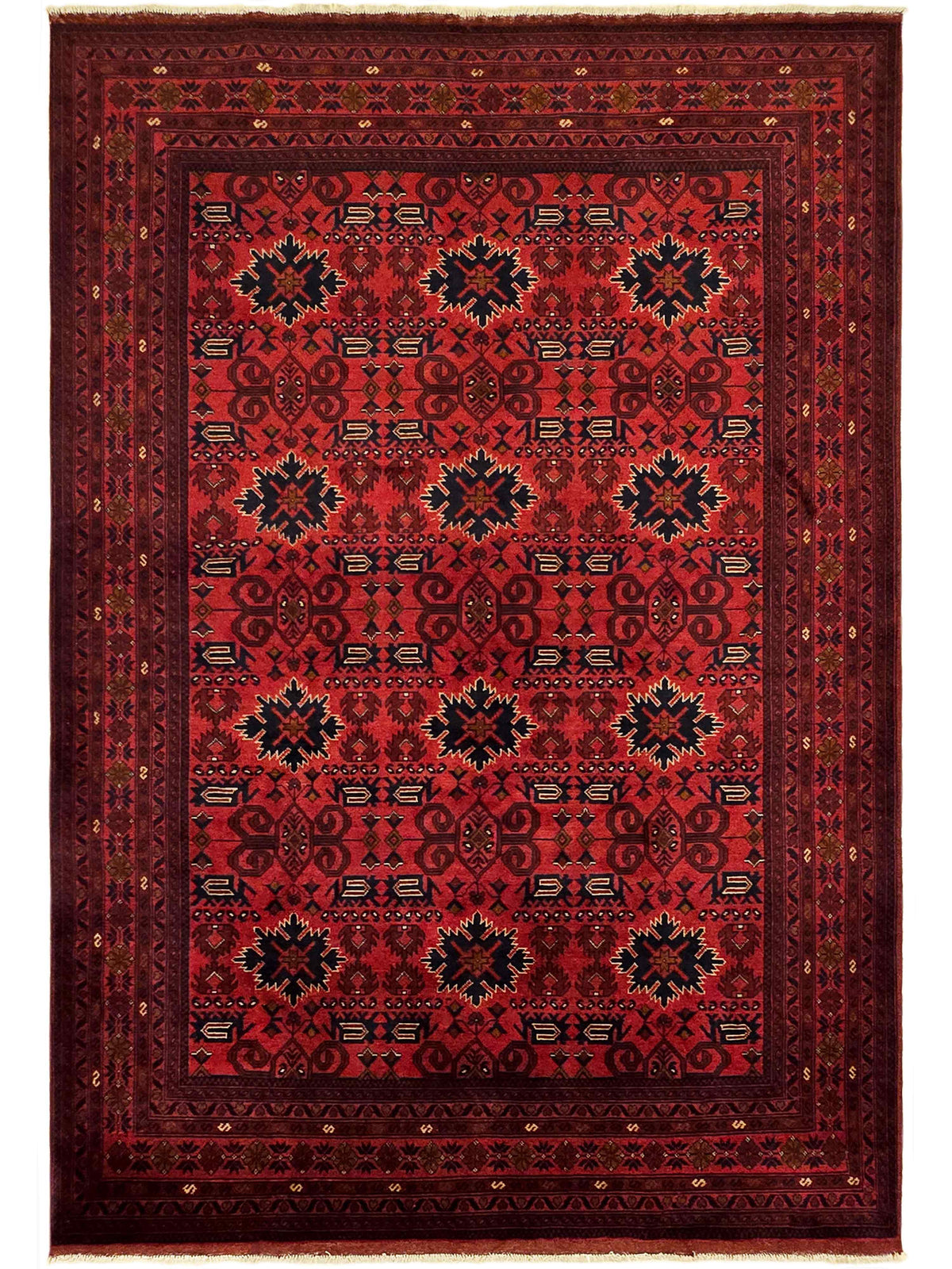 Red patterned rectangular area rug with central motif and decorative border