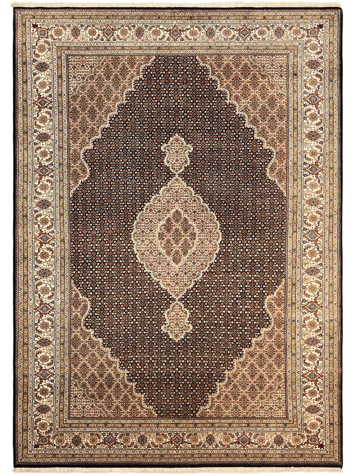 Tabriz mahi rug with brown field, cream diamond medallion, and red-brown edge border