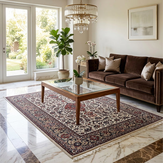 Esfahan perizisch rug on floor with cream field, red center medallion, and fringed edges