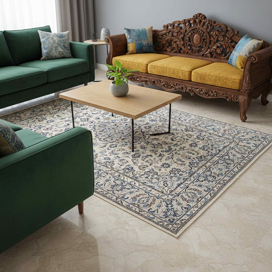 Kashan-style area rug with blue floral pattern and cream ground, flatwoven look