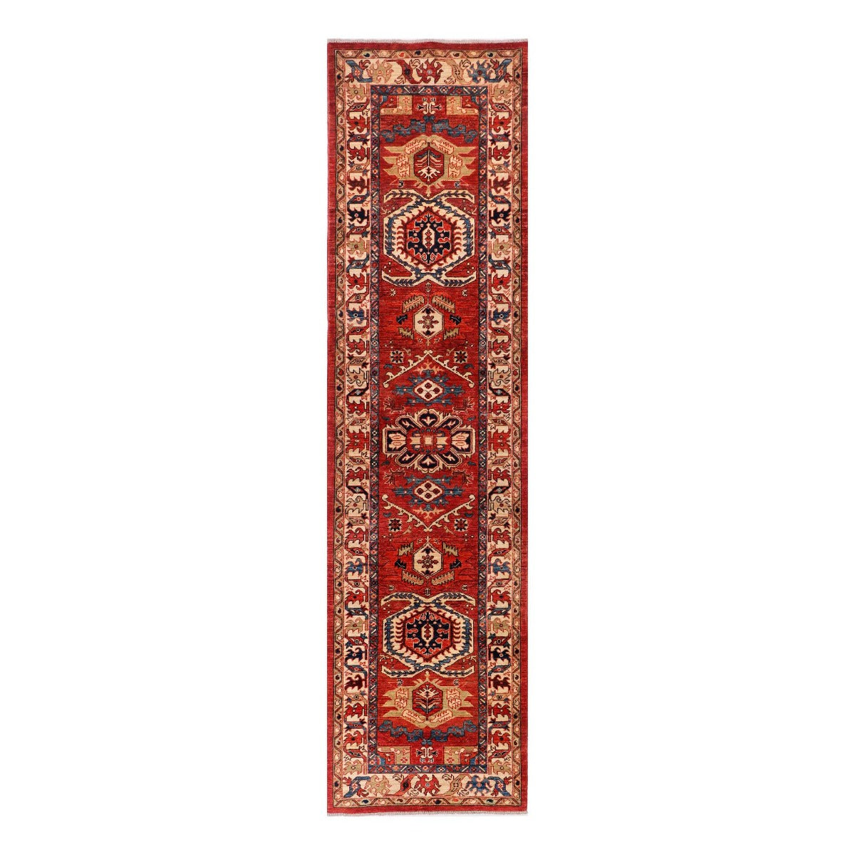 Red Kazak runner rug with ornate cream and navy medallion pattern