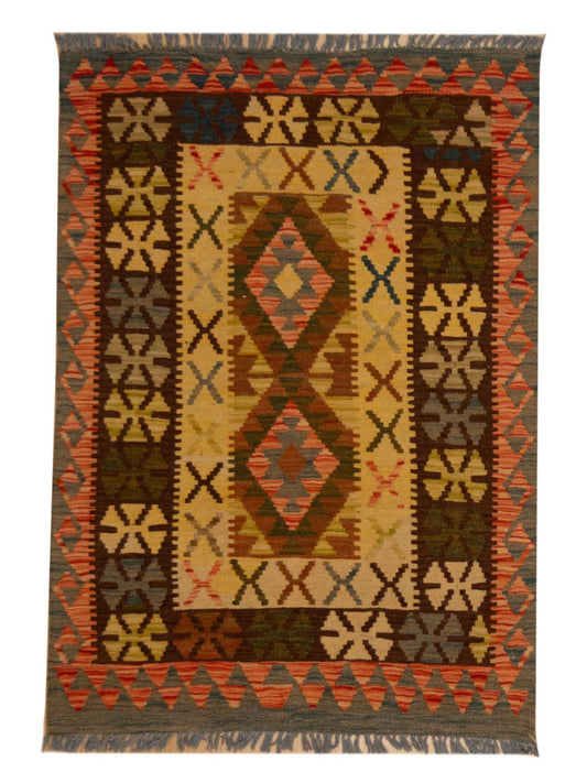 Geometric kilim rug in beige with red, orange, black and yellow diamond patterns
