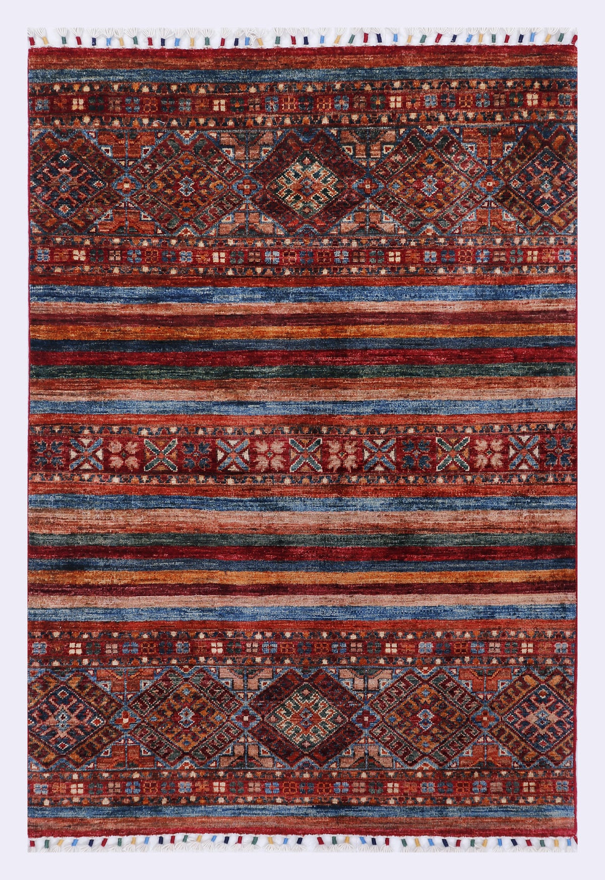 Geometric rug 153x100 cm in red and blue with repeating borders and striped bands