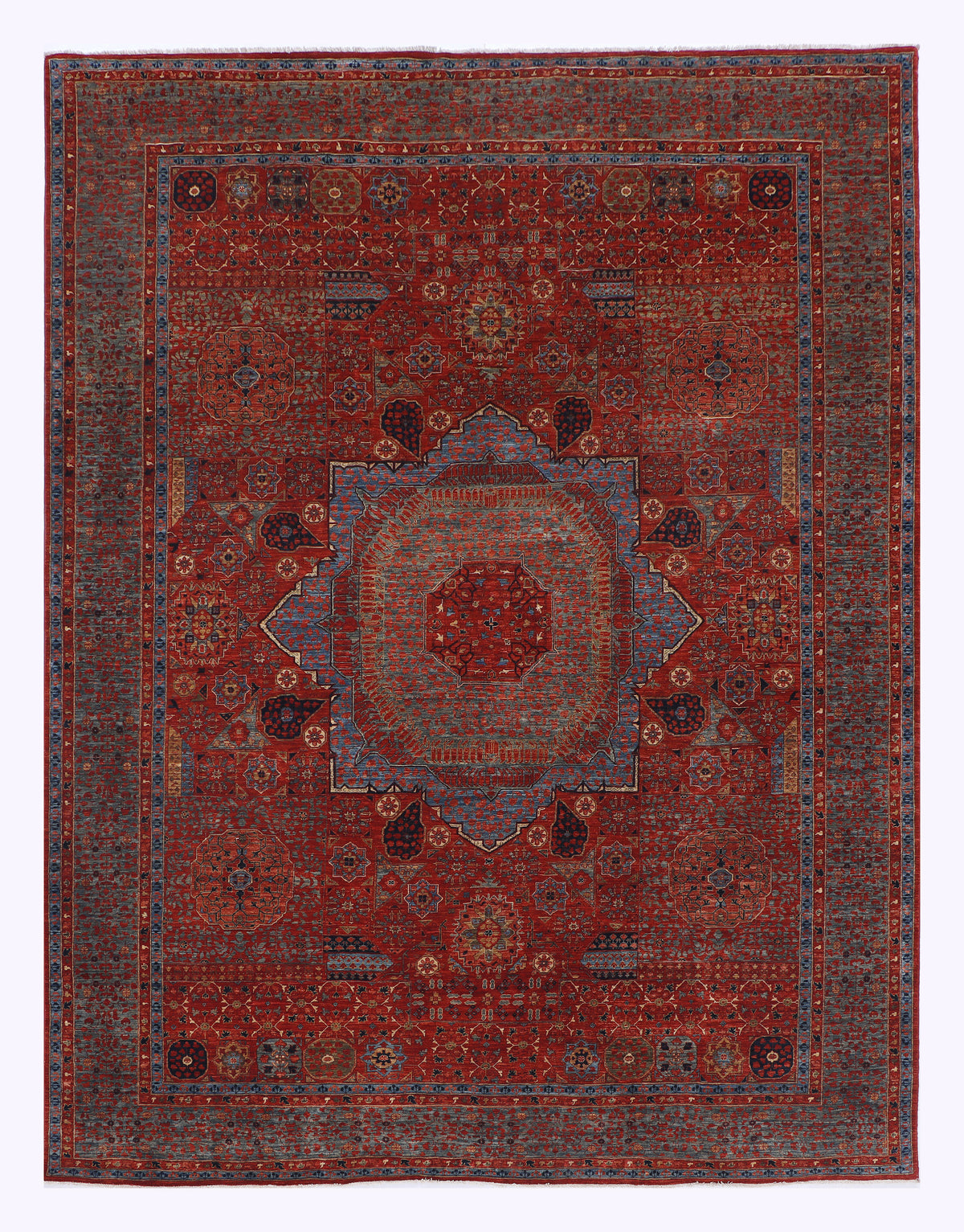 Traditional wool rug with red field, central medallion, and ornate border pattern