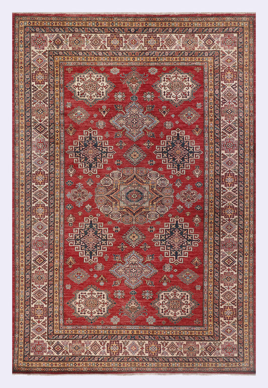 Red ornate geometric rug with decorative border, rectangular, 306x205 cm
