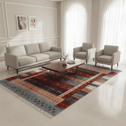 Gabbeh-style area rug with red, teal, and beige geometric pattern and fringed edge