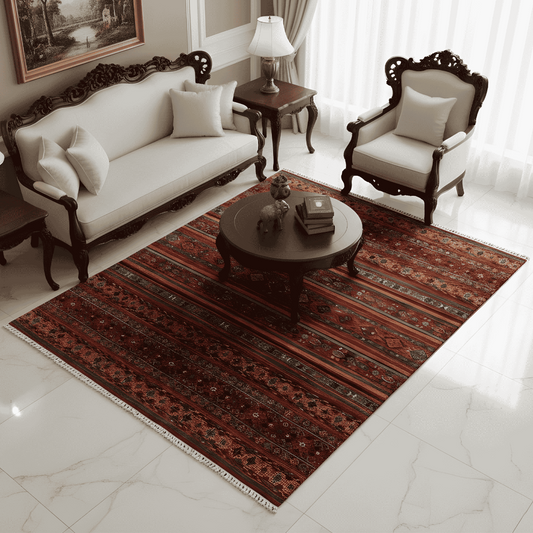 Red patterned Bukhara rug with medallion motifs and detailed corner border