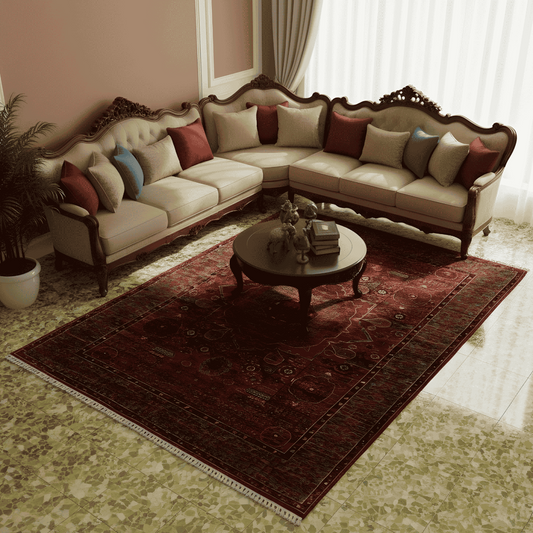 Mamluk rug on floor with red medallion center and ornate border