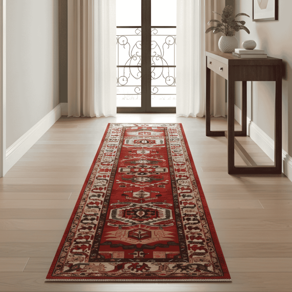 Red Kazak runner rug, narrow rectangular design with ornate medallion center