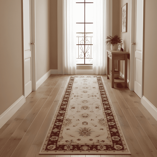 Cream runner rug with red border and floral center medallion on floor.