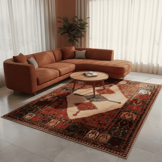 Persian-style area rug on tile floor with cream medallion, red border, and blue accents.