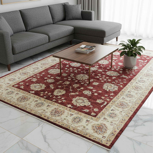 Red floral area rug with cream border and center medallions, rectangular