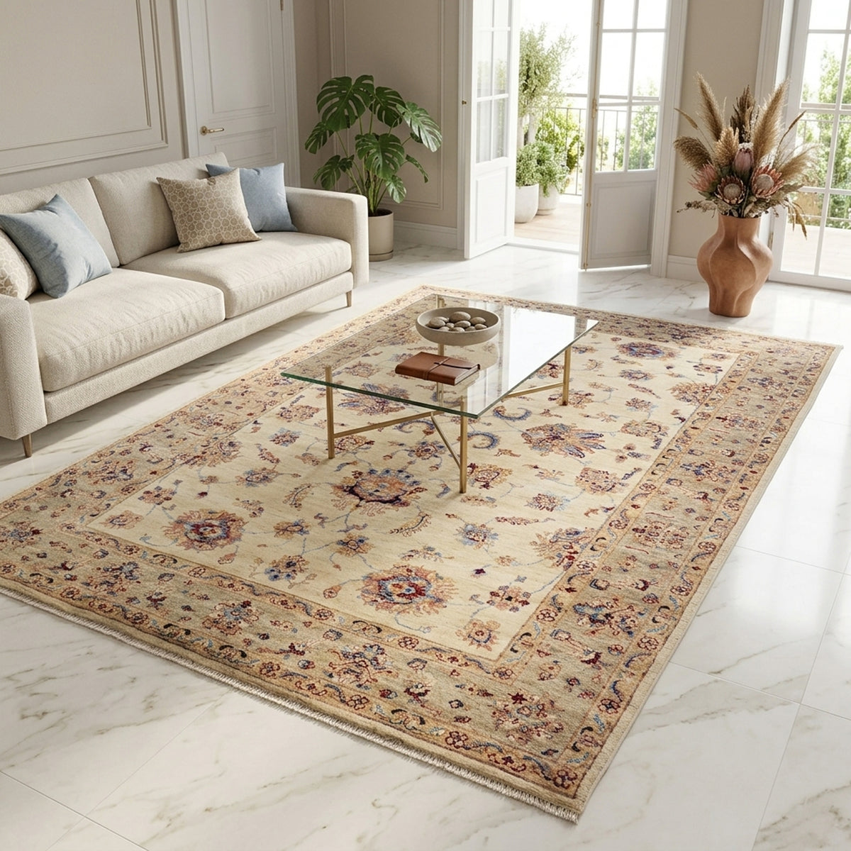 Ornate cream area rug with multicolor floral pattern; rectangular design for living room seating