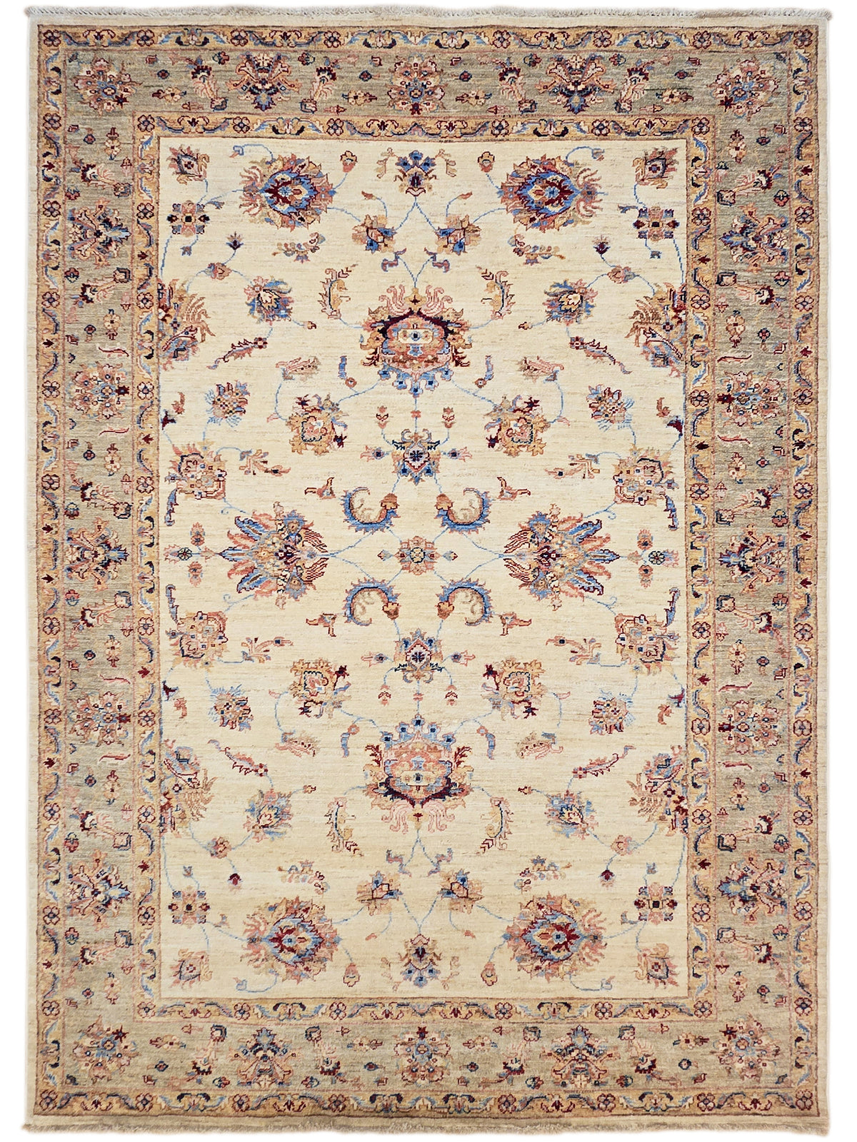 Cream rug with symmetrical center medallion and corner motifs; multicolor detailed border