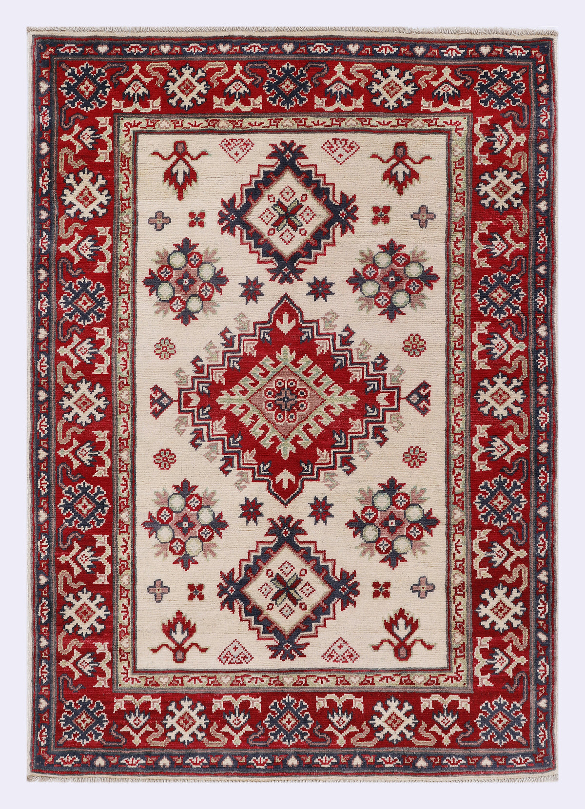 Red geometric rug with border patterns and medallion center, 148x102 cm