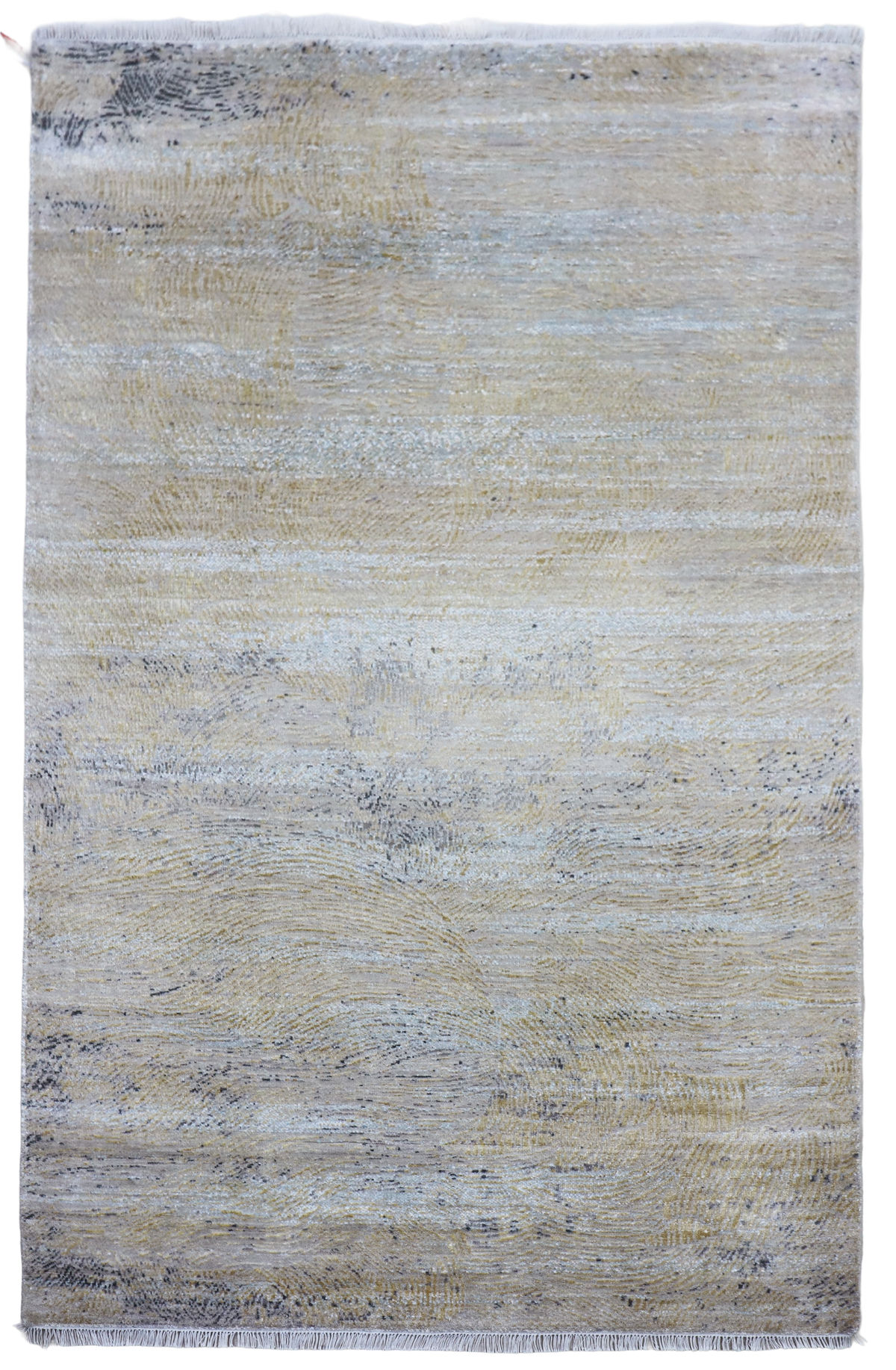 Light blue and cream textured rectangular rug with short fringe on all edges.
