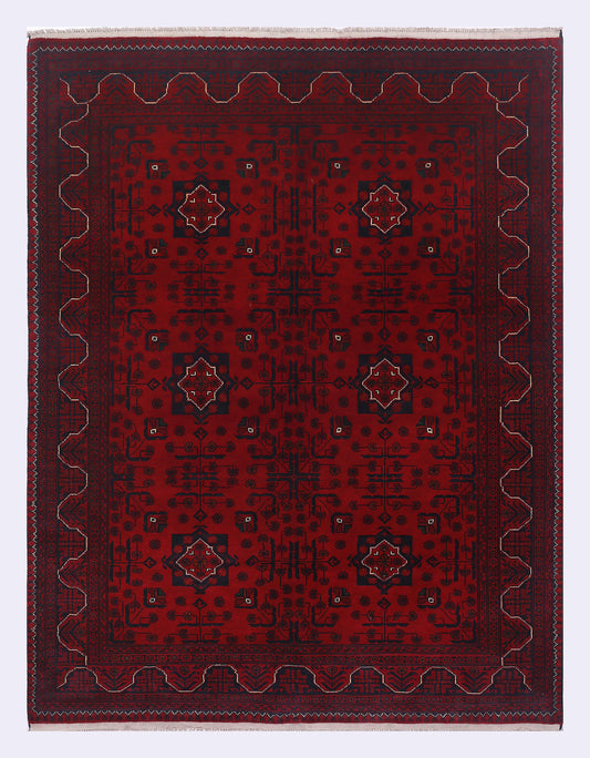 Red geometric rug 202x154 cm with ornate border and medallion pattern