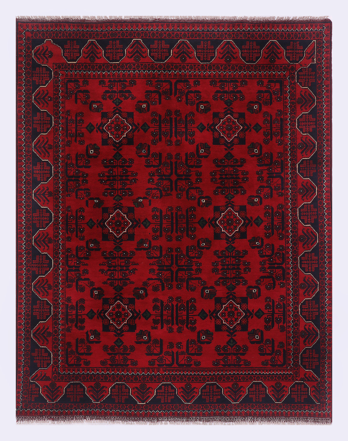 Red rectangular rug with geometric medallions and ornate border pattern