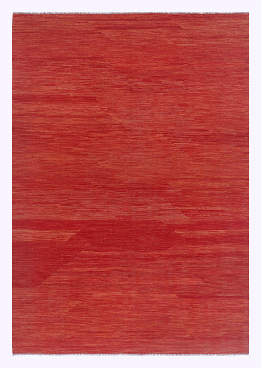 Red kilim rug with flat woven texture and simple border, 293x202 cm