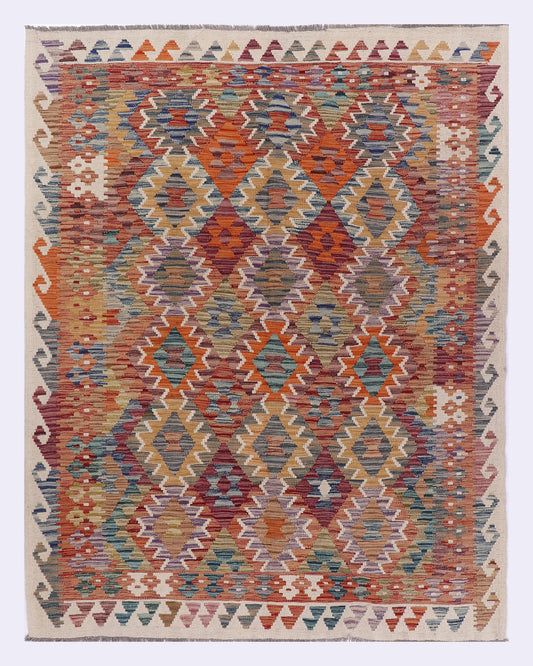 Beige kilim rug, 204x160 cm, geometric multicolor pattern with border.