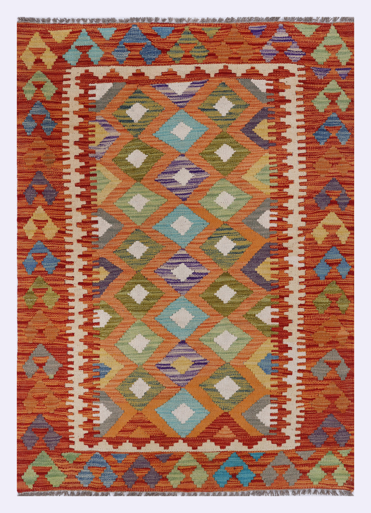 Orange kilim rug with multicolor geometric medallion pattern, fringed edges, 145x102 cm