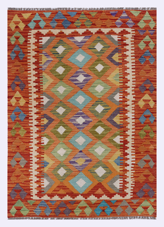 Orange kilim rug with multicolor geometric medallion pattern, fringed edges, 145x102 cm