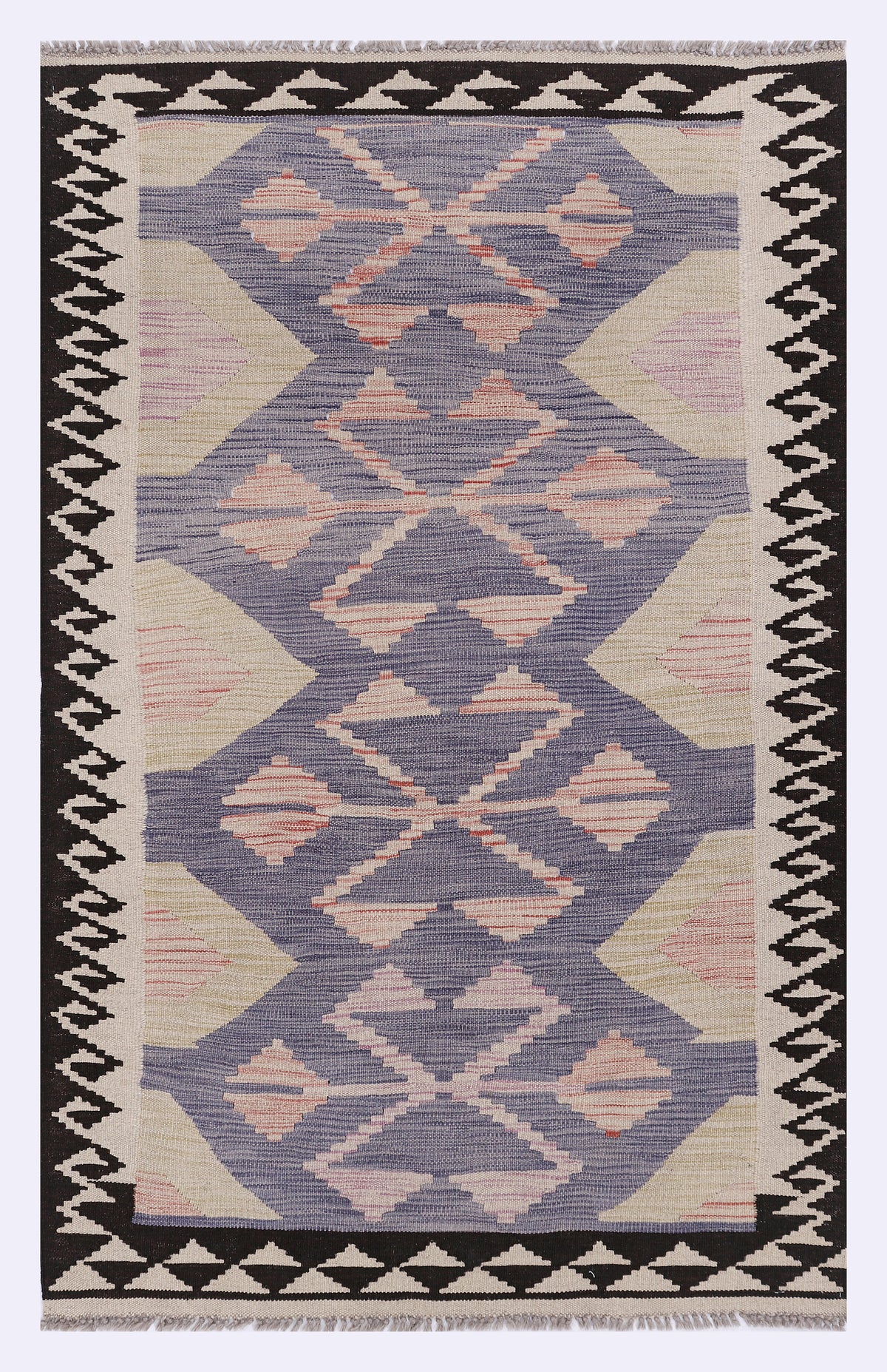 Purple kilim rug, 160x100 cm, geometric diamond pattern with black border.