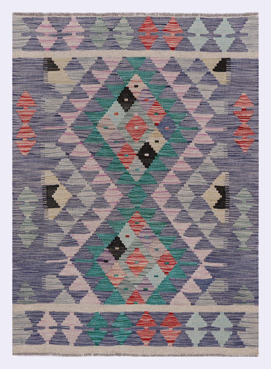 Grey kilim rug 157x101 cm with geometric diamond pattern and multicolor accents