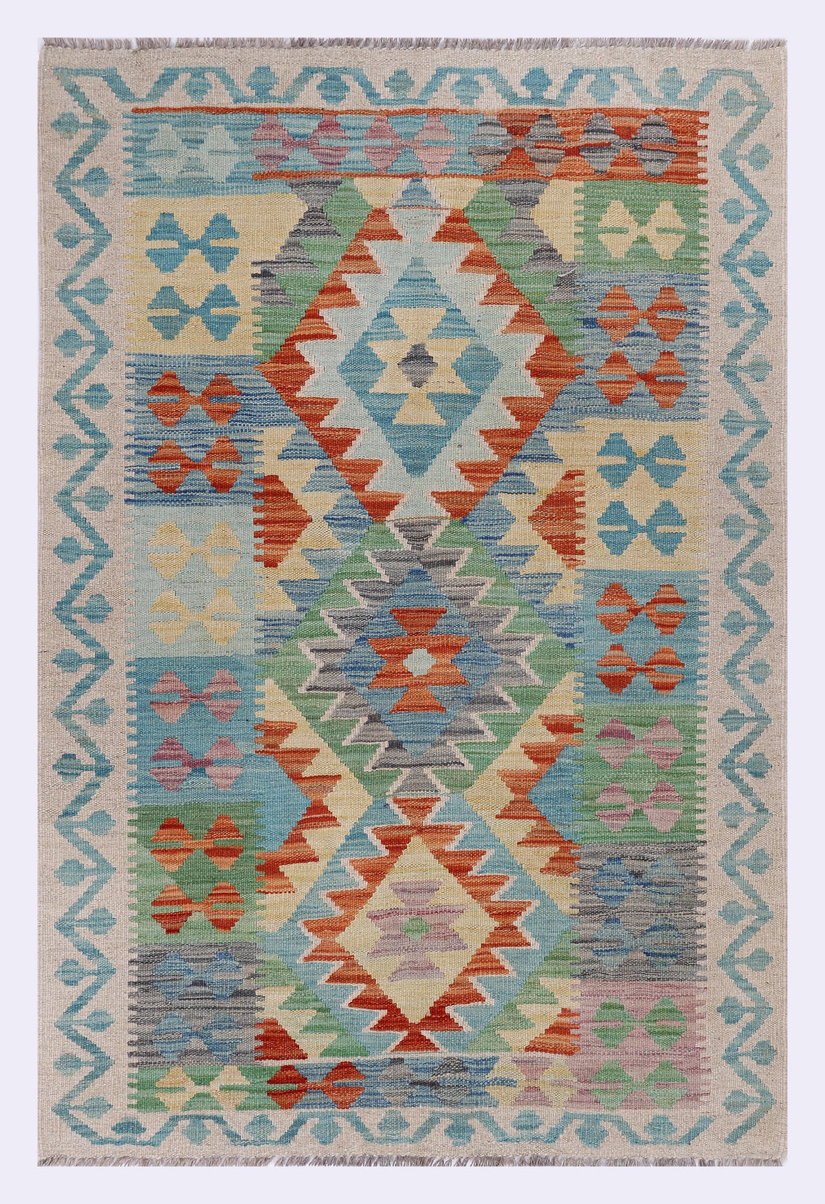 Geometric flatweave rug in light blue with multicolor diamond and zigzag motifs