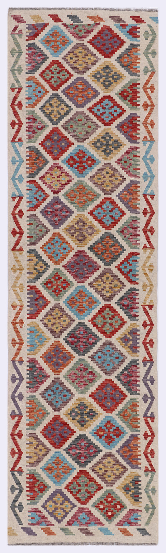 Rectangular kilim rug with multicolor diamond and geometric border pattern, flatwoven