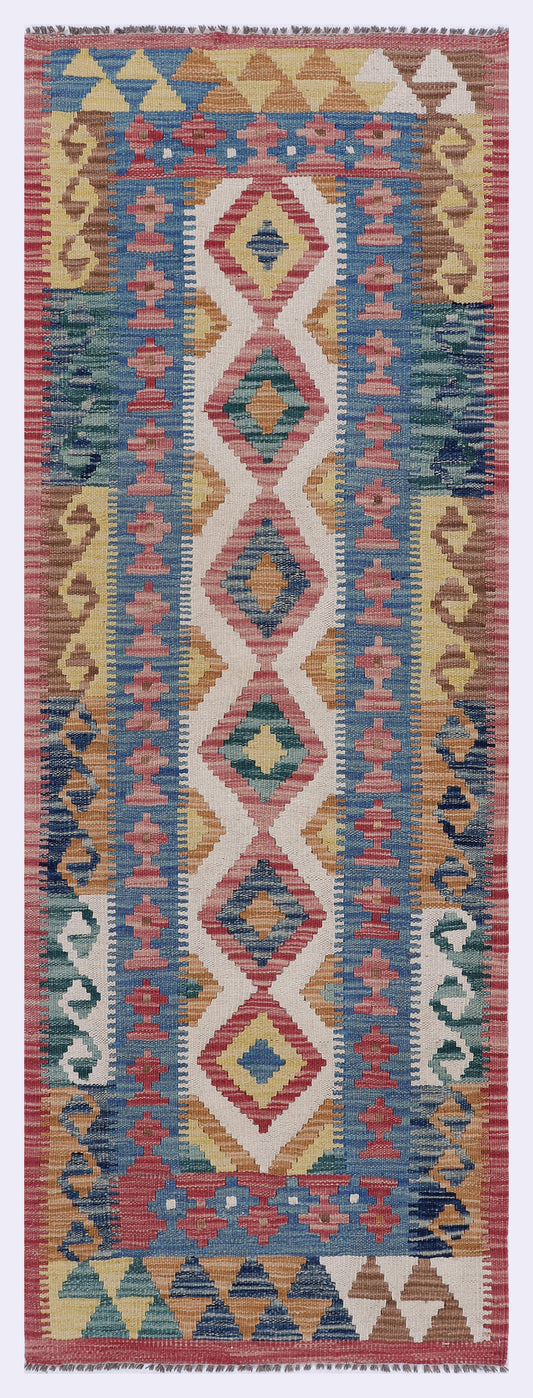 Blue kilim rug with multicolor geometric diamonds, tassel fringe, 195x70 cm