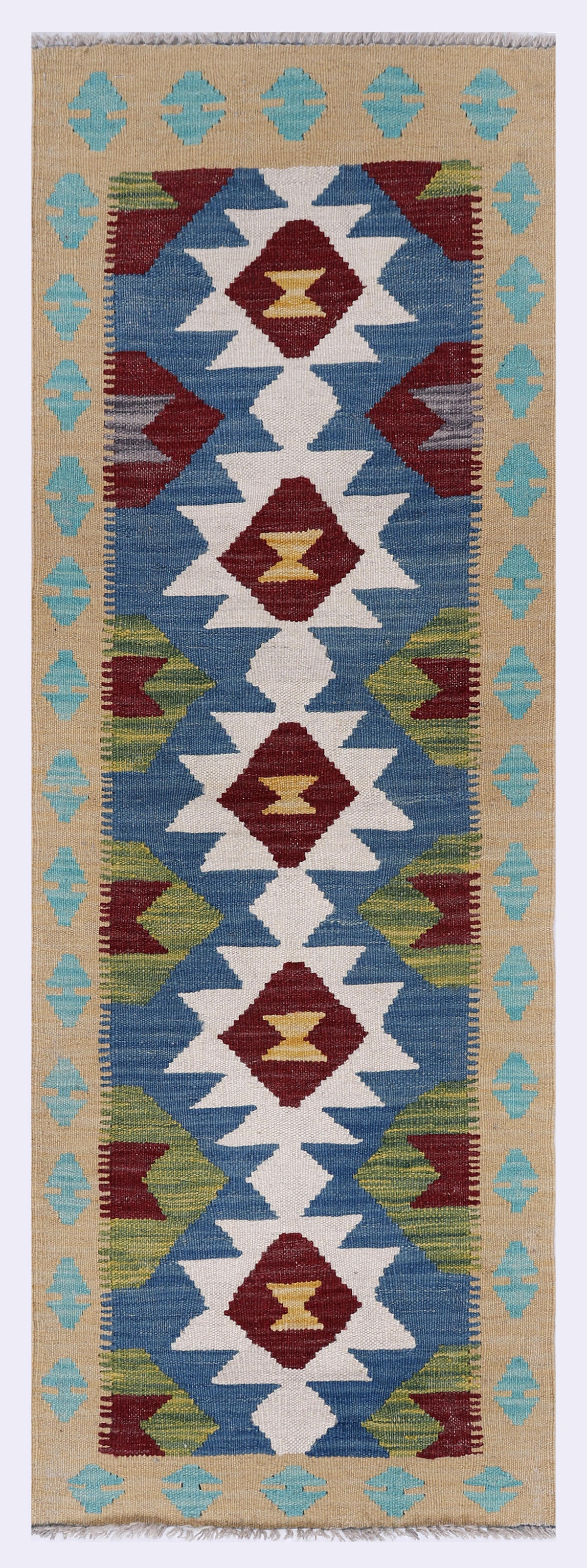 Kilim runner rug, blue and beige geometric diamond pattern, 147x51 cm