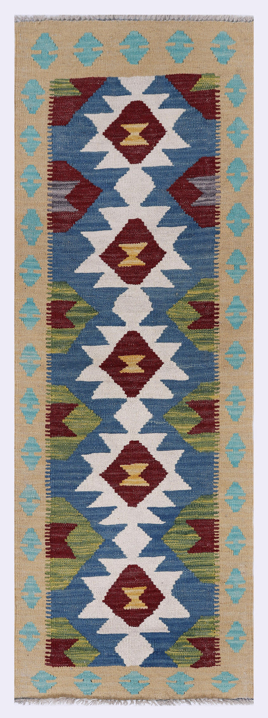 Kilim runner rug, blue and beige geometric diamond pattern, 147x51 cm