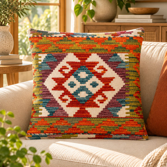 Kilim cushion cover with diamond pattern in orange, red, blue, and green, 45x45 cm