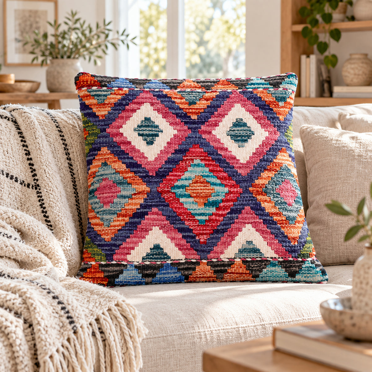 Kilim cushion cover with multicolor diamond geometric pattern, fringed edges