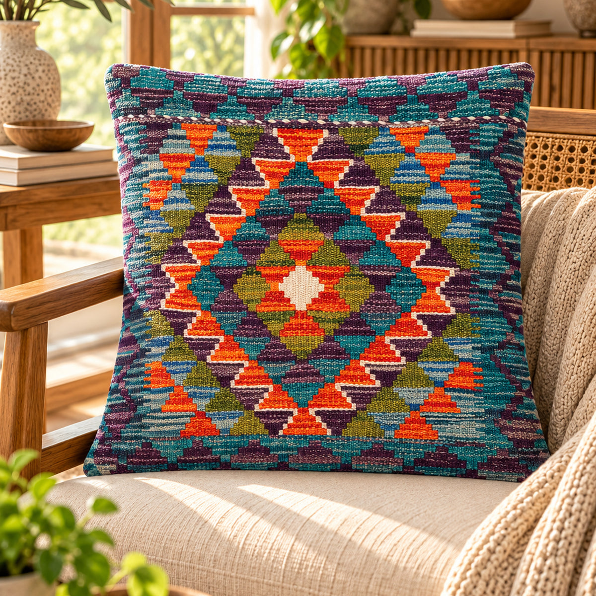 Turquoise kilim cushion cover, 45x45 cm, multicolor geometric pattern on square front